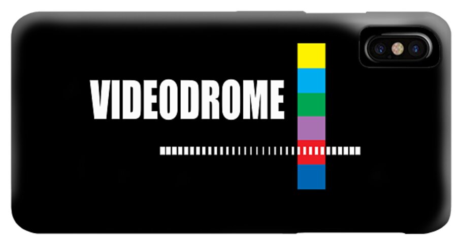 Black phone case with VIDEODROME text, multicolor vertical bar, and dotted stripe line; dual camera cutout.