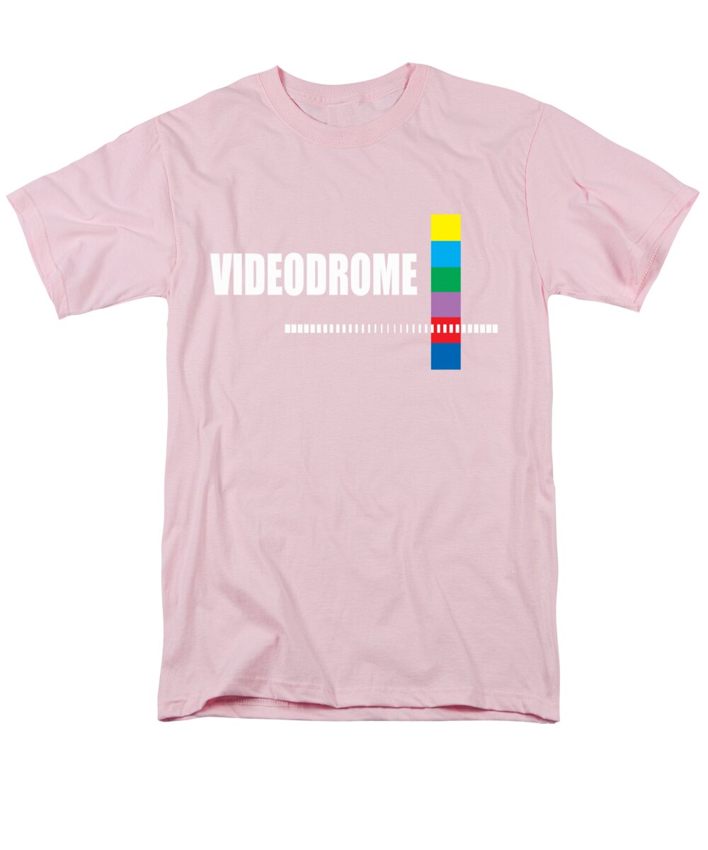Men's pink T-shirt with front Videodrome graphic and multicolor bar emblem