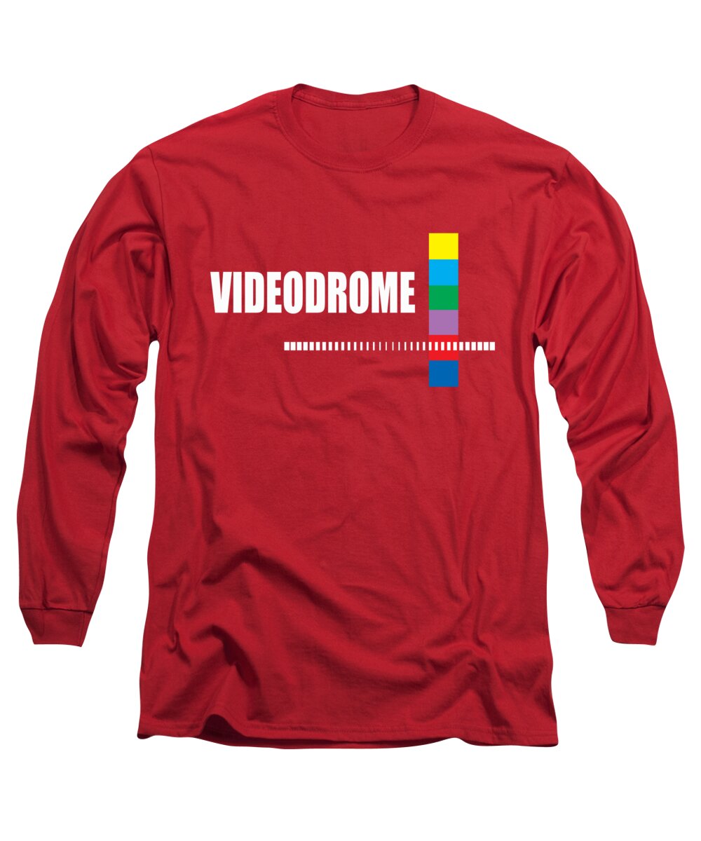 Red long sleeve t-shirt with colorful barcode-style logo graphic on chest