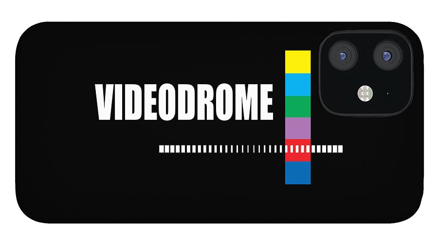 Black phone case with VIDEODROME text, barcode line, and colorful vertical bar; single rear camera cutout.