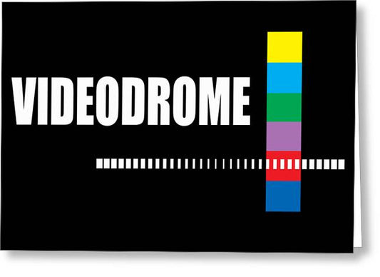 Greeting card with 'VIDEODROME' text and colorful vertical bars on dark background