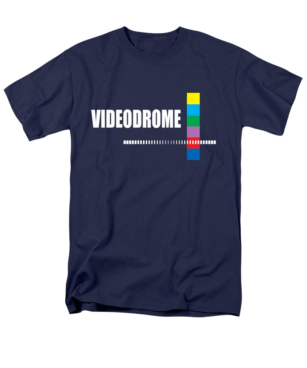 Men's navy T-shirt with front Videodrome graphic and multicolor bar emblem