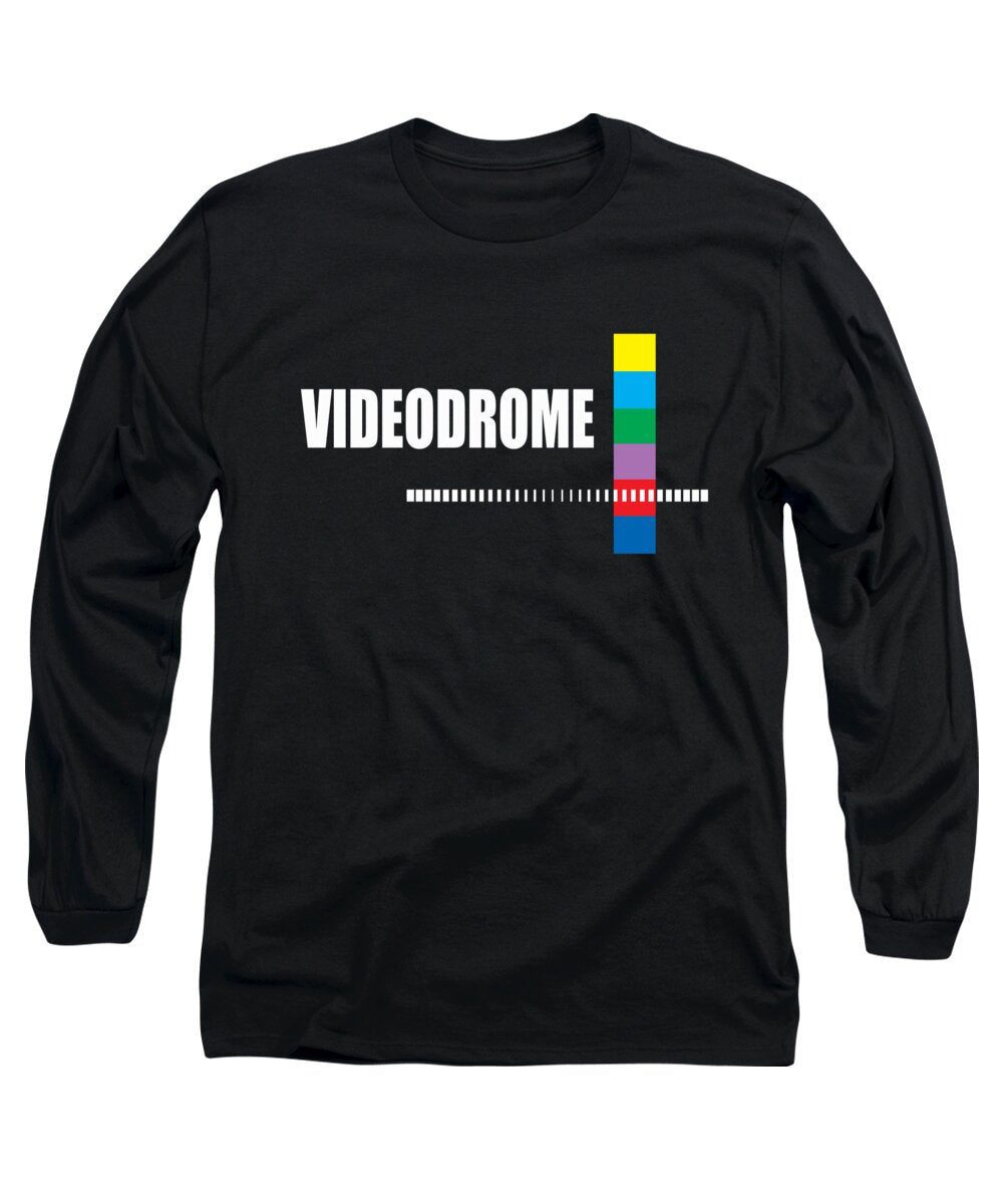 Black long sleeve t-shirt with colorful barcode-style logo graphic on chest