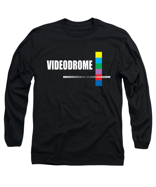 Black long sleeve t-shirt with colorful barcode-style logo graphic on chest