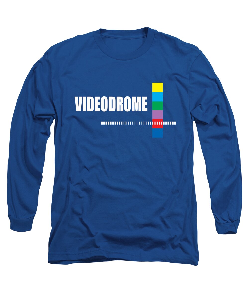 Royal blue long sleeve t-shirt with colorful barcode-style logo graphic on chest
