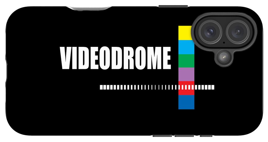 Black phone case with VIDEODROME logo, multicolor vertical bar, barcode stripe; three-lens camera cutout.