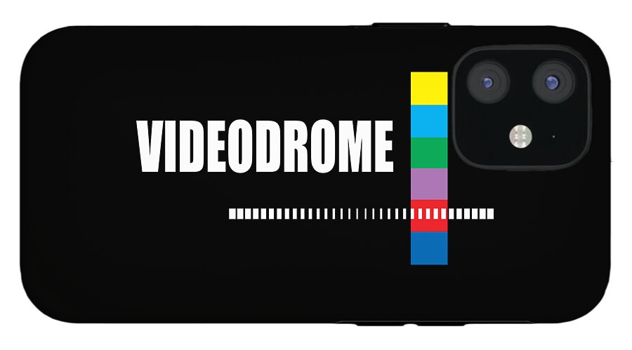 Black phone case with VIDEODROME text, barcode line, and multicolor vertical bar; dual rear camera cutouts.