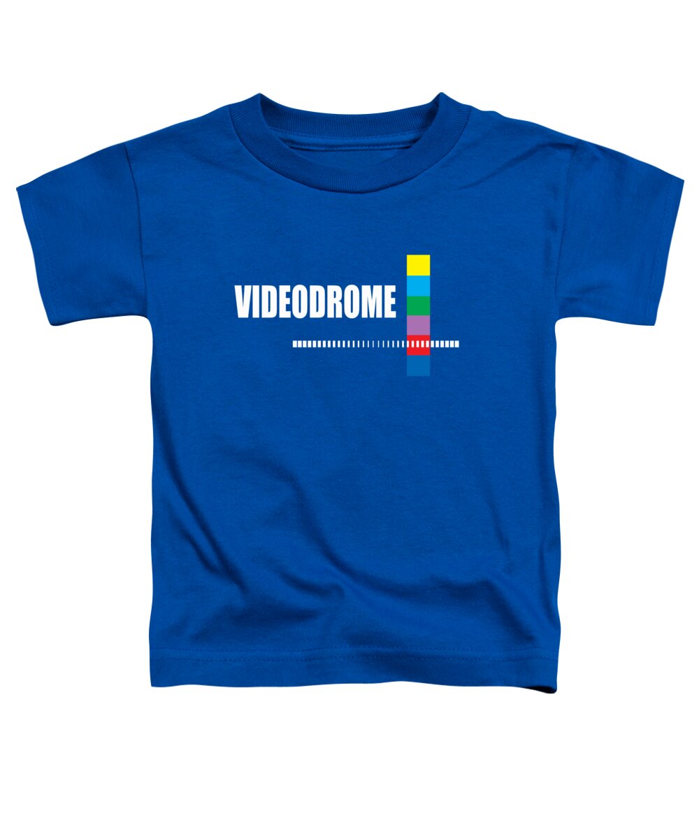 Toddler blue T-shirt with front logo graphic and multicolor vertical bars