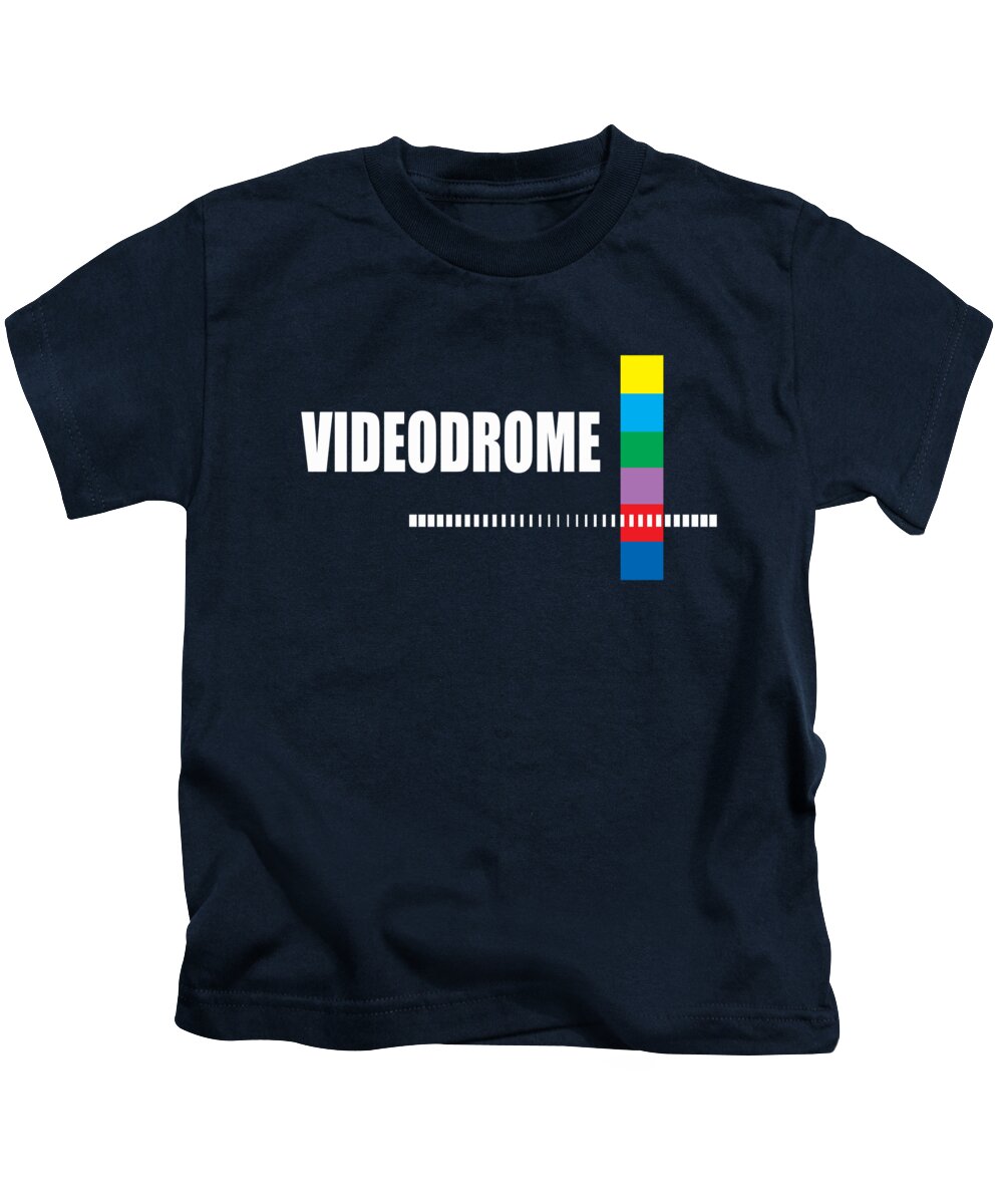 Kids navy T-shirt with “VIDEODROME” text and multicolor barcode-style graphic
