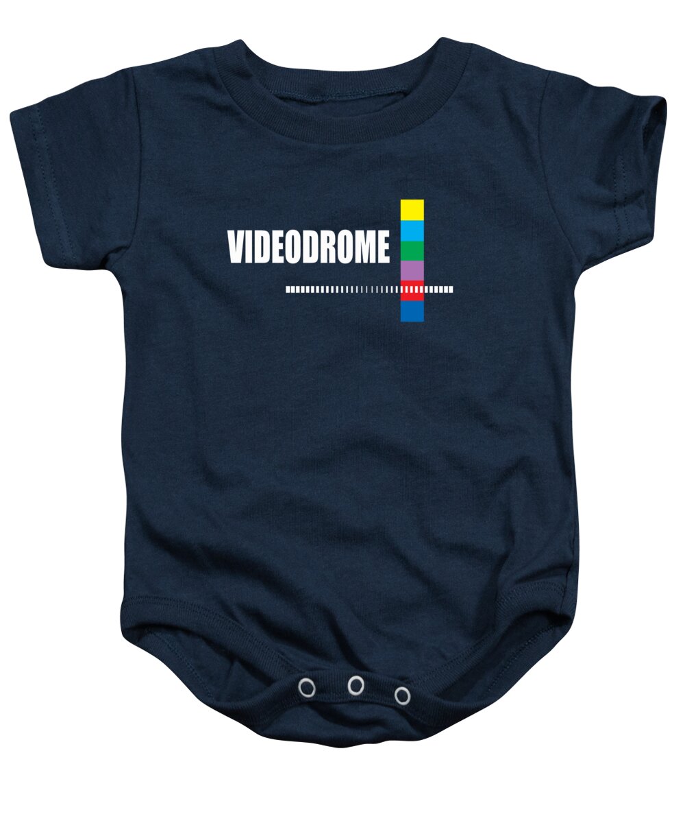Dark blue baby onesie with Videodrome graphic front and snap bottom