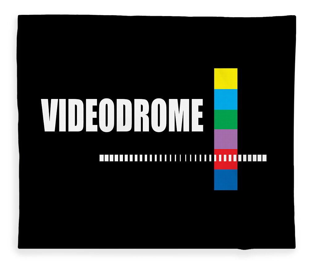 Videodrome logo fleece blanket, black with rainbow vertical stripe and barcode motif