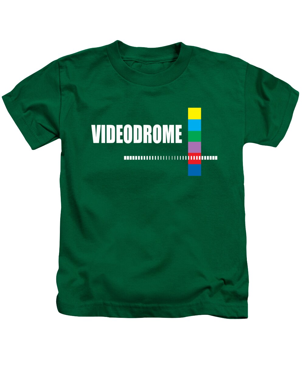 Kids green T-shirt with “VIDEODROME” text and multicolor barcode-style graphic
