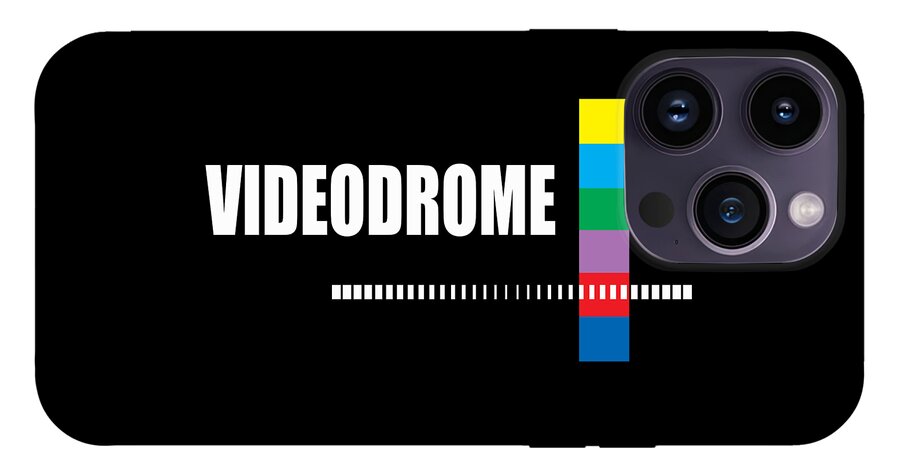 Black phone case with VIDEODROME text, rainbow bars, quad camera cutout.