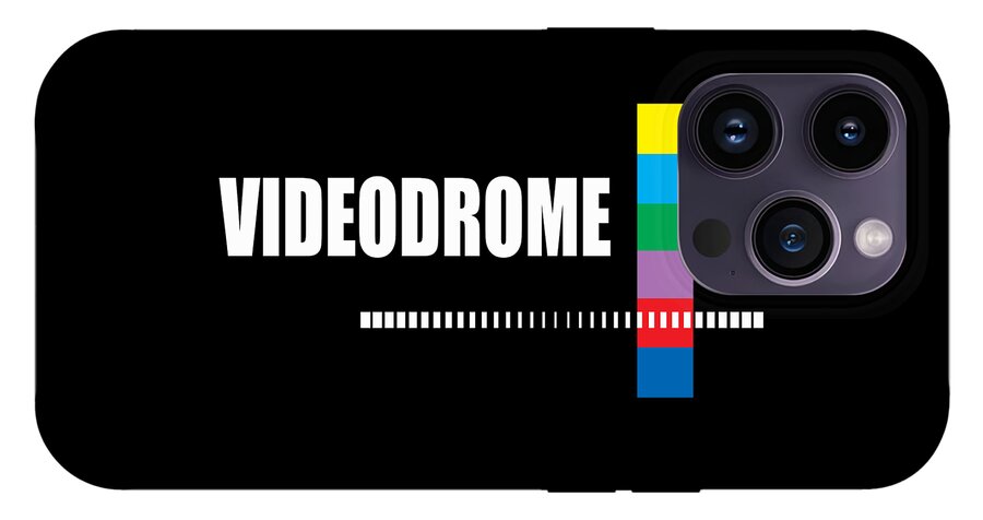 Black phone case with VIDEODROME text, rainbow bars, quad camera cutout.