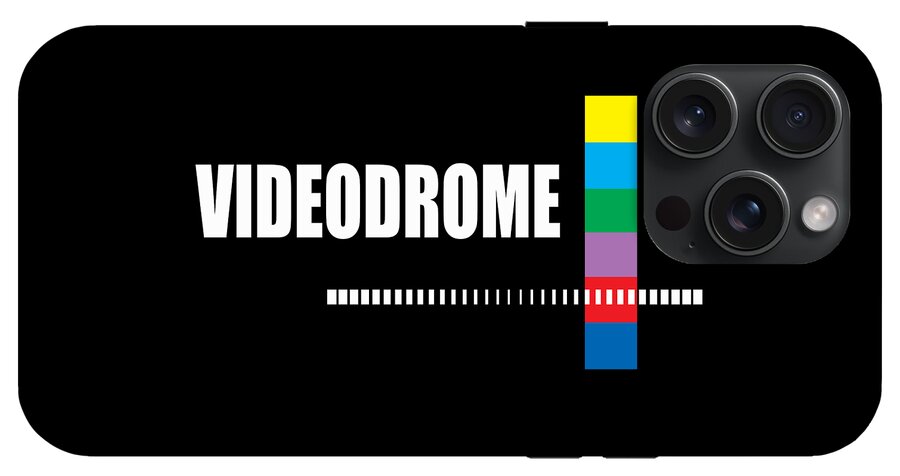 Black phone case with VIDEODROME text, rainbow bars, triple camera cutout.