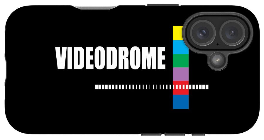 Black phone case with VIDEODROME wordmark, rainbow vertical bar, barcode stripe; three camera lenses visible.