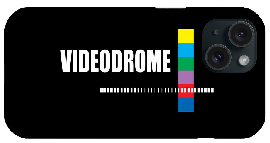 Phone case with “VIDEODROME” text, multicolor stripe, and triple camera cutout