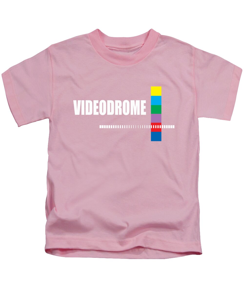 Kids pink T-shirt with “VIDEODROME” text and multicolor barcode-style graphic