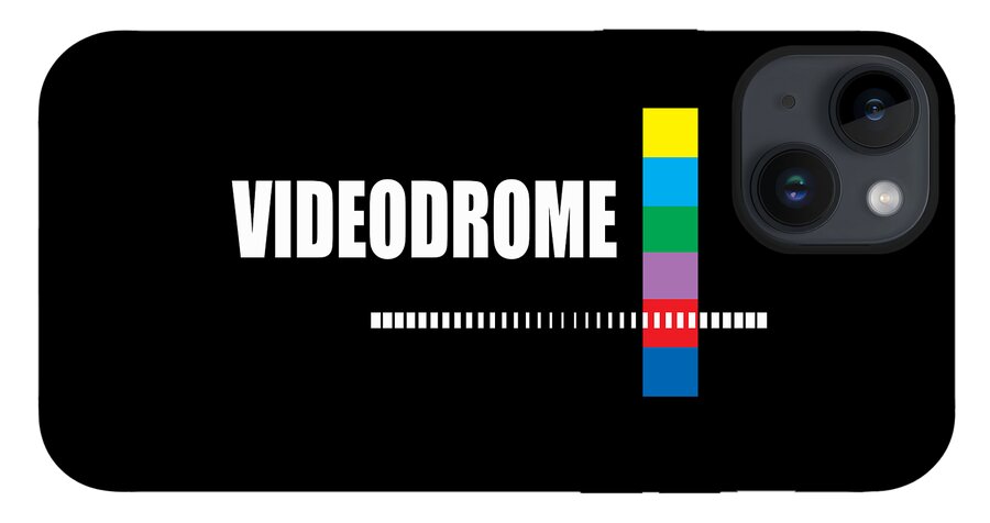 Black phone case with VIDEODROMe text, rainbow bars, triple camera cutout.