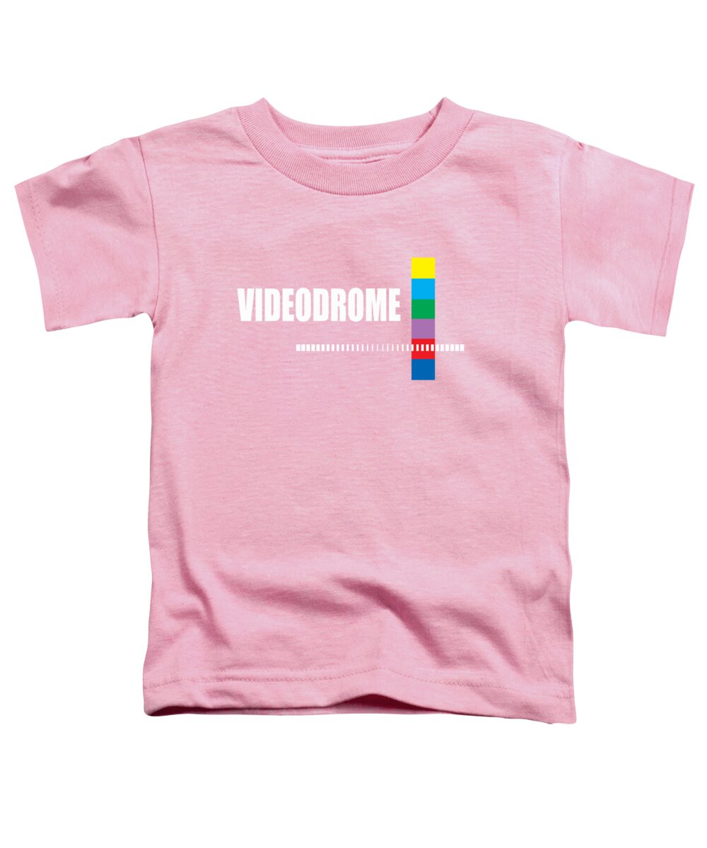 Toddler T-shirt in pink with Videodrome logo and multicolor block cross graphic.