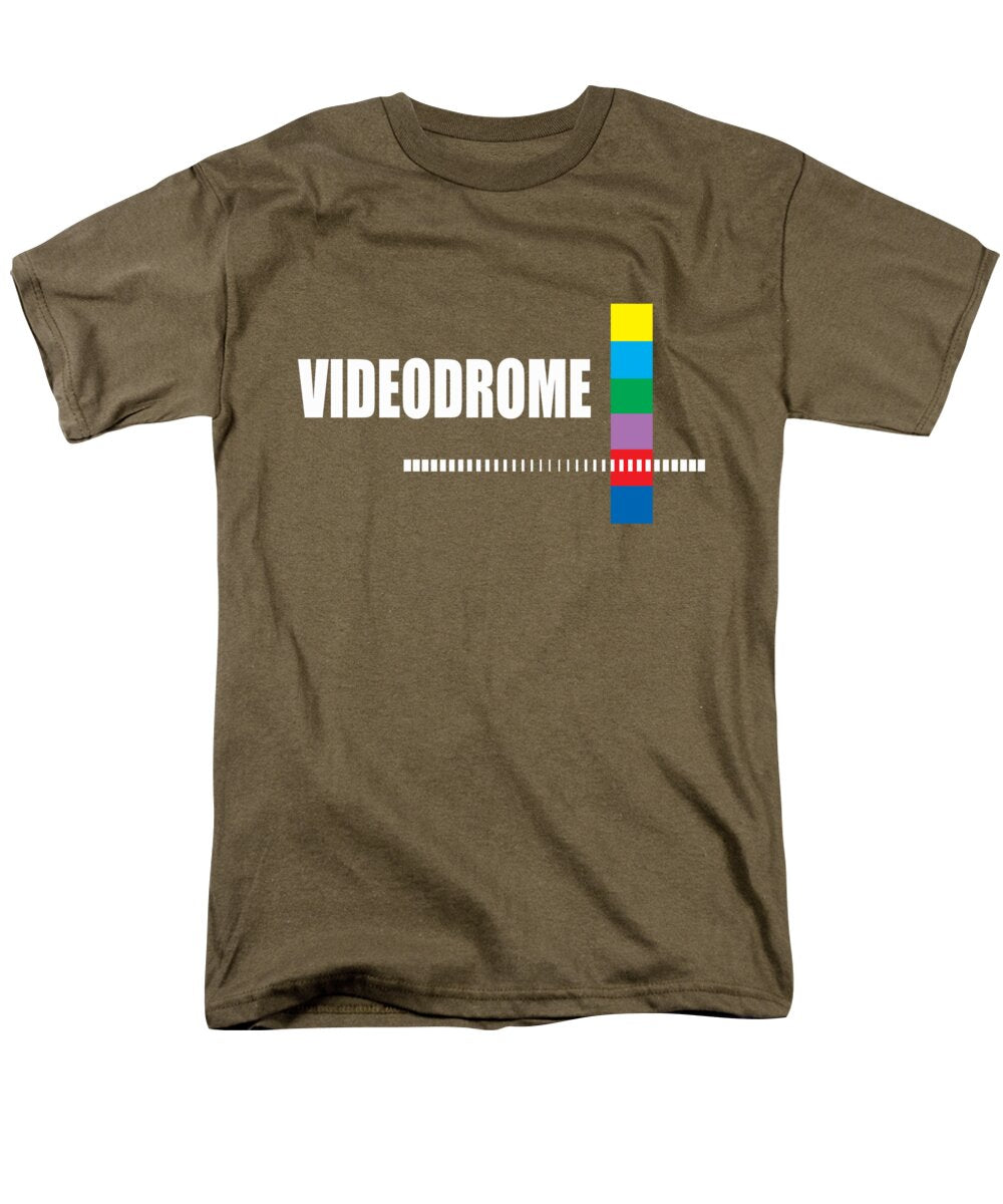Men's olive T-shirt with front Videodrome graphic and multicolor bar emblem