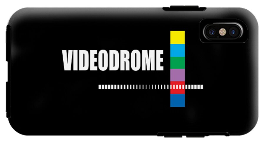 Black phone case with VIDEODROME text, rainbow vertical bar, dotted barcode stripe; single camera opening.