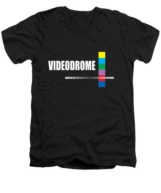 Men's black V-neck t-shirt with Videodrome graphic print at center chest