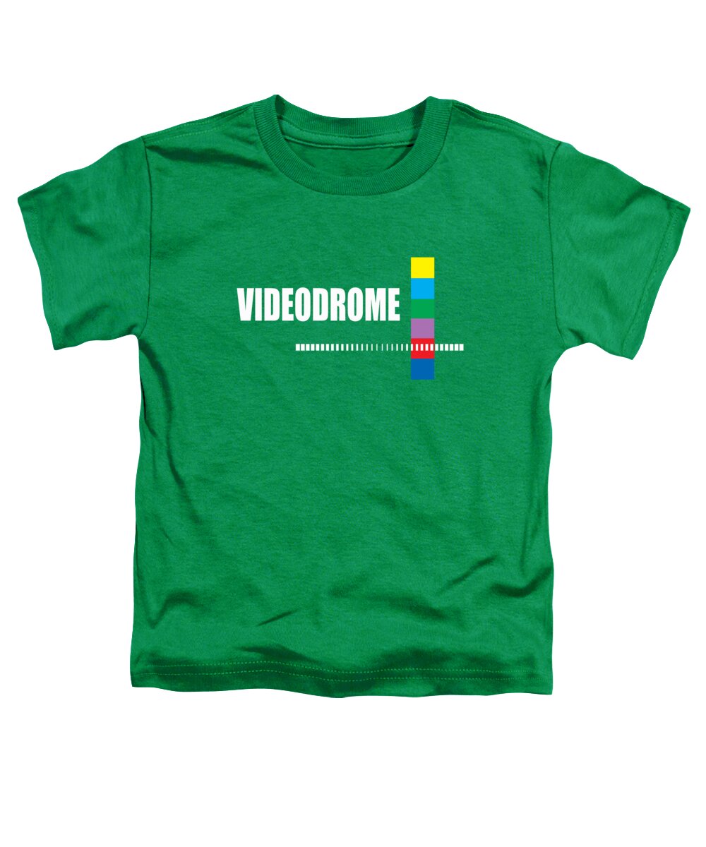 Toddler T-shirt in Kelly green with Videodrome logo and multicolor block cross graphic.