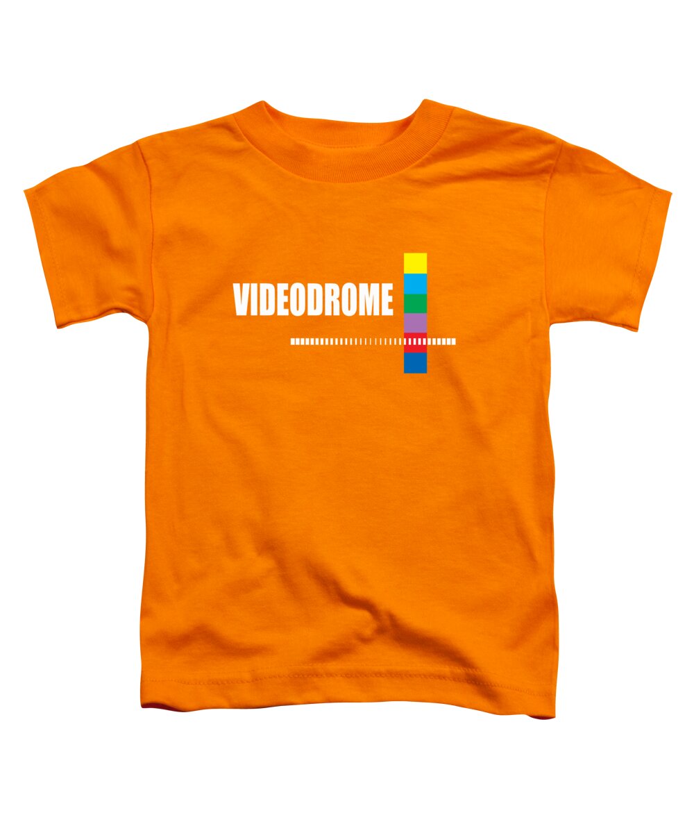 Toddler T-shirt in orange with Videodrome logo and multicolor block cross graphic.