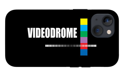 Black phone case with VIDEODROME text, barcode line, and colorful vertical bar design; camera cutouts.
