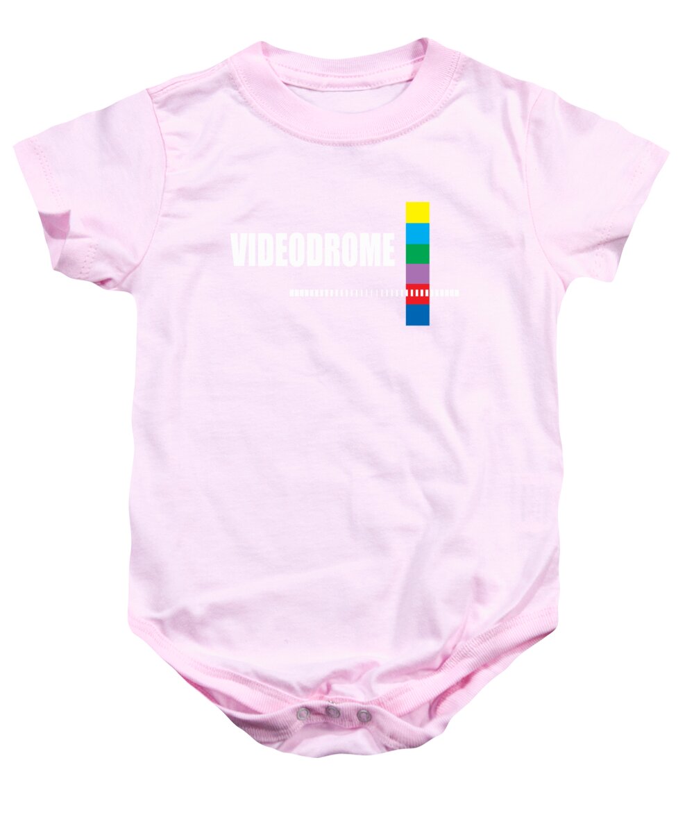 Light pink baby onesie with Videodrome graphic front and snap bottom