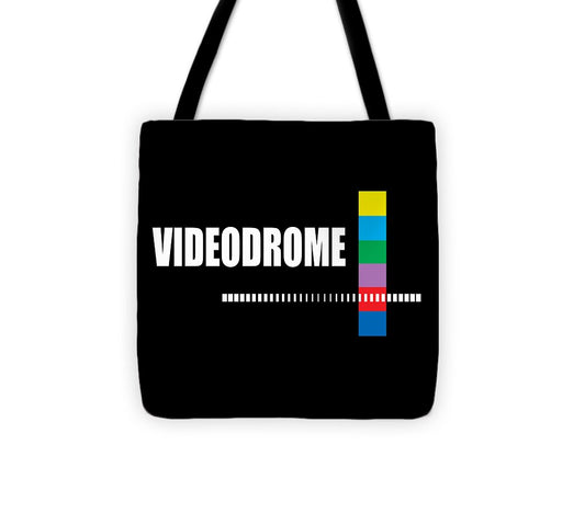 Tote bag with Videodrome logo, dashed line, and vertical multicolor color bar