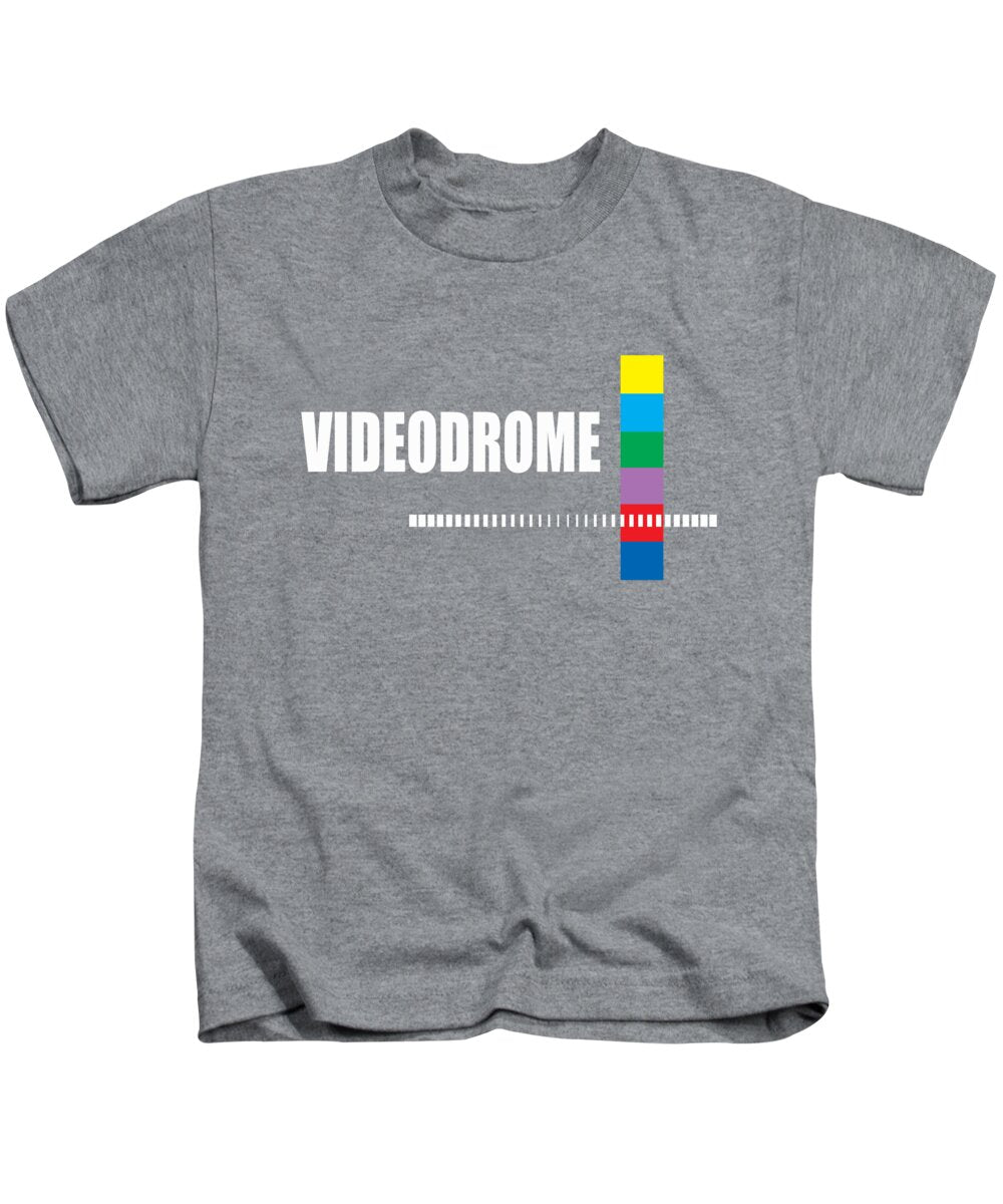 Kids heather gray T-shirt with “VIDEODROME” text and multicolor barcode-style graphic