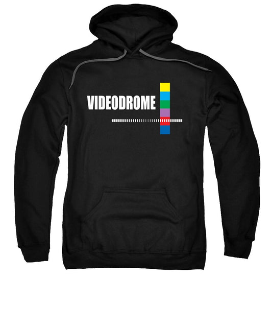 Black hoodie sweatshirt with VIDEODROME front logo graphic and kangaroo pocket
