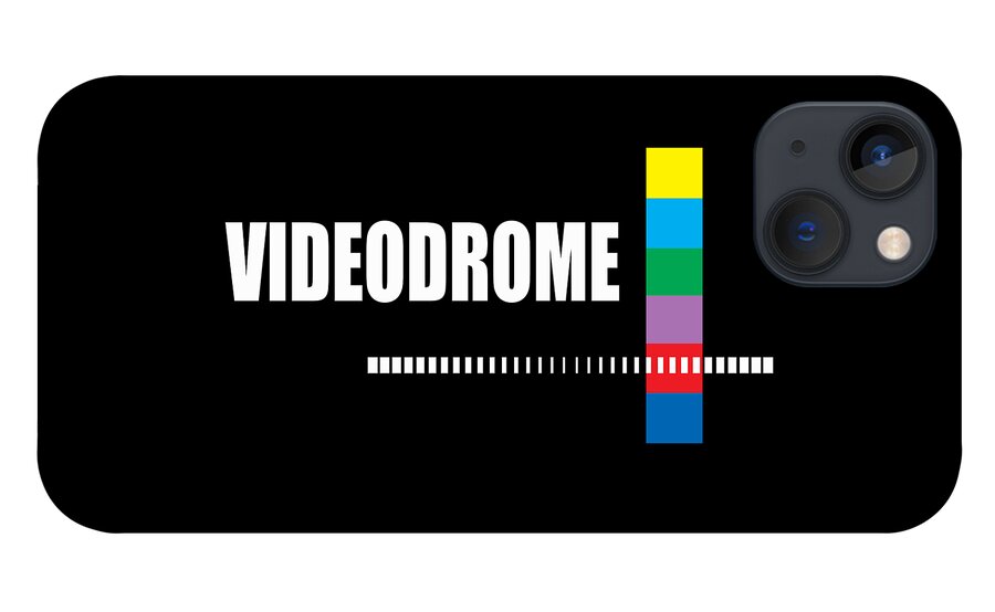 Black phone case with VIDEODROME text, barcode line, and multicolor vertical bar graphic; camera cutouts.