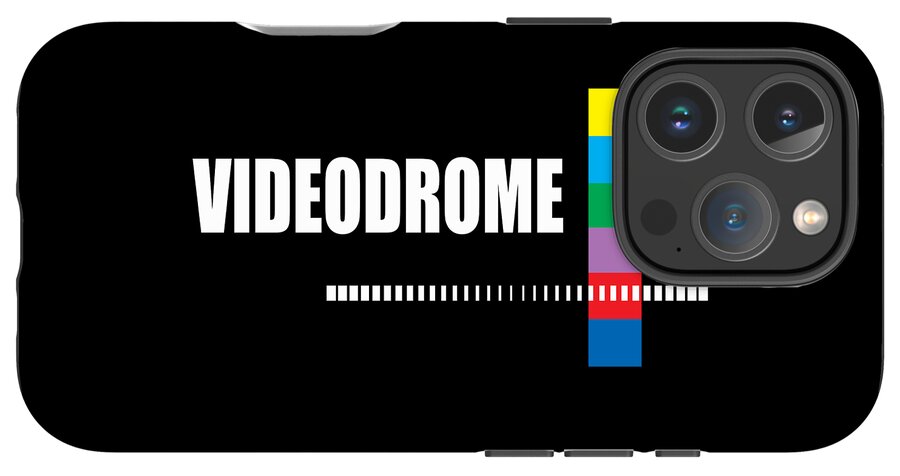Phone case with “VIDEODROME” text, multicolor vertical stripe, and triple camera cutout