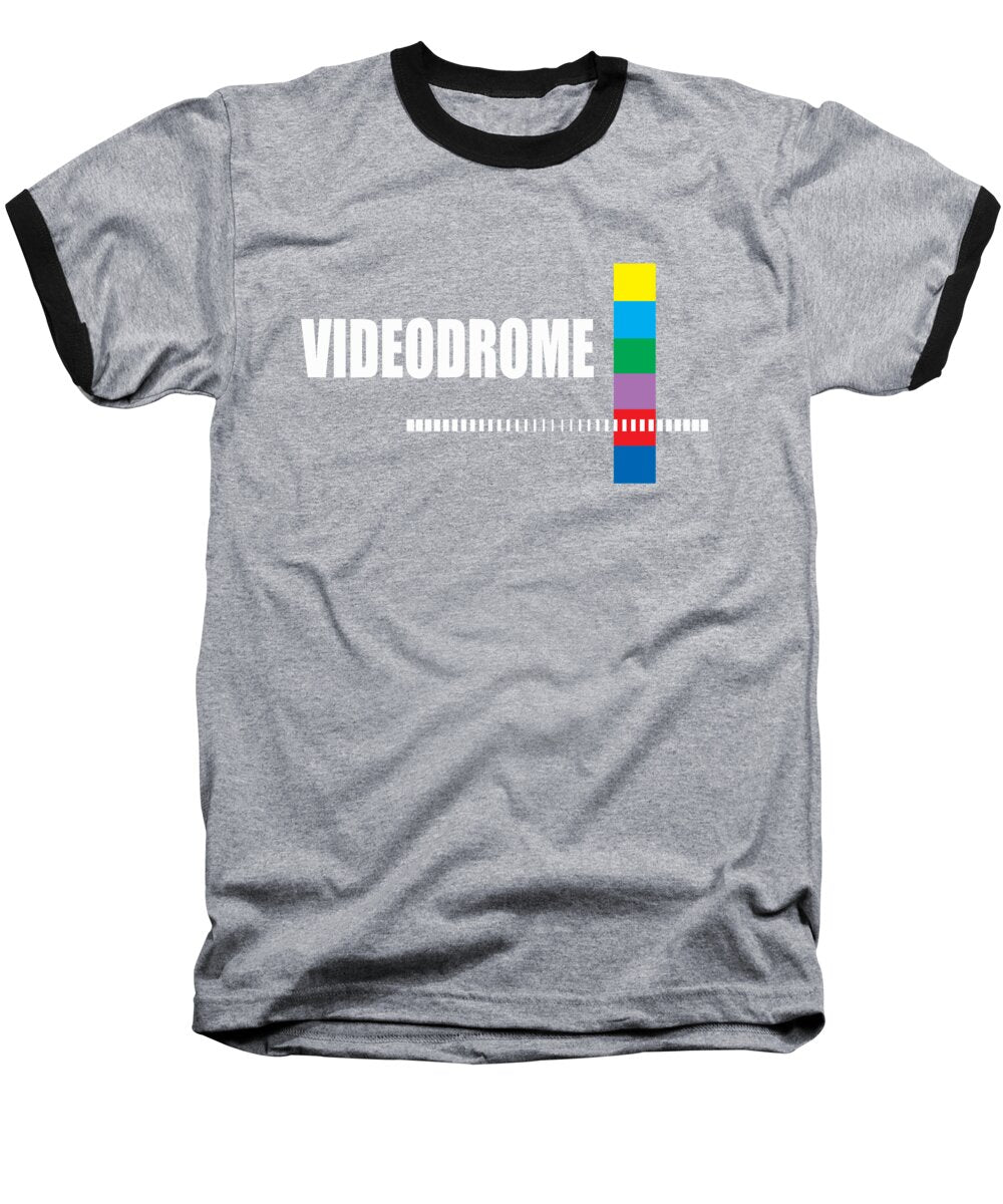 Heather gray baseball T-shirt with black raglan sleeves, 'Videodrome' graphic and color bars