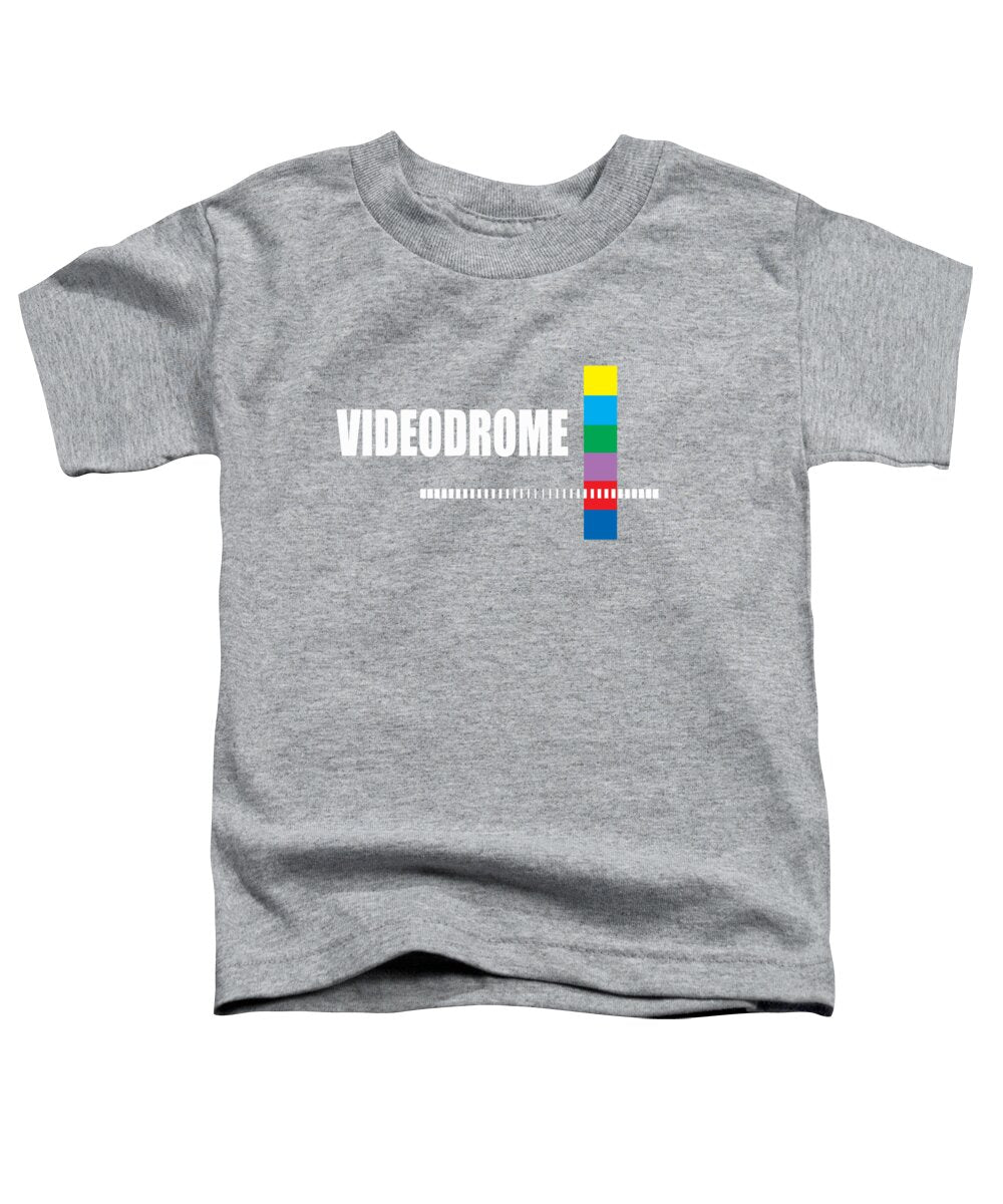 Toddler T-shirt in heather gray with Videodrome logo and multicolor block cross graphic.