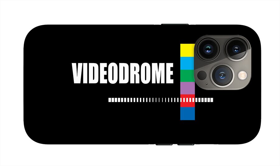 Black phone case with VIDEODROME text, barcode line, and colorful vertical bar; rear camera cutouts shown.