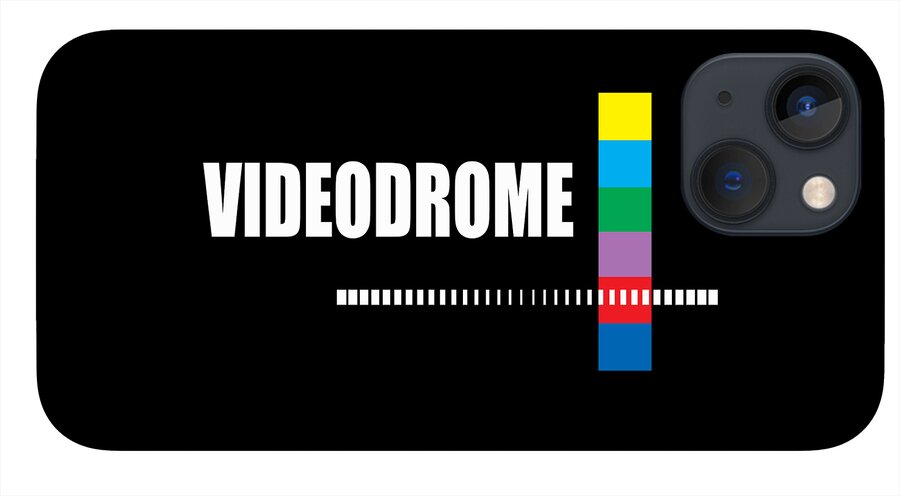 Black phone case with VIDEODROME text, rainbow bars, triple camera cutout.