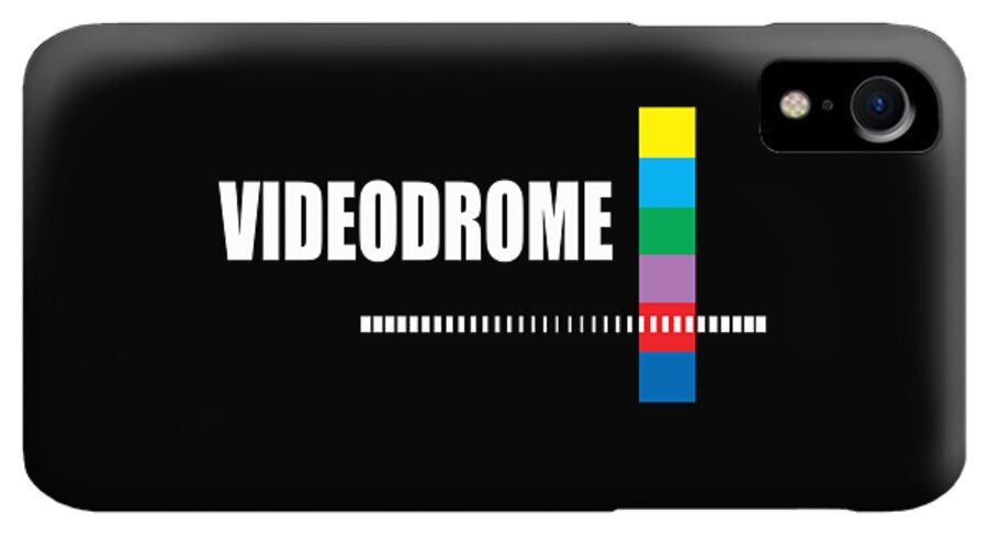 Black phone case with VIDEODROME logo, multicolor vertical bar, barcode stripe; single lens cutout.