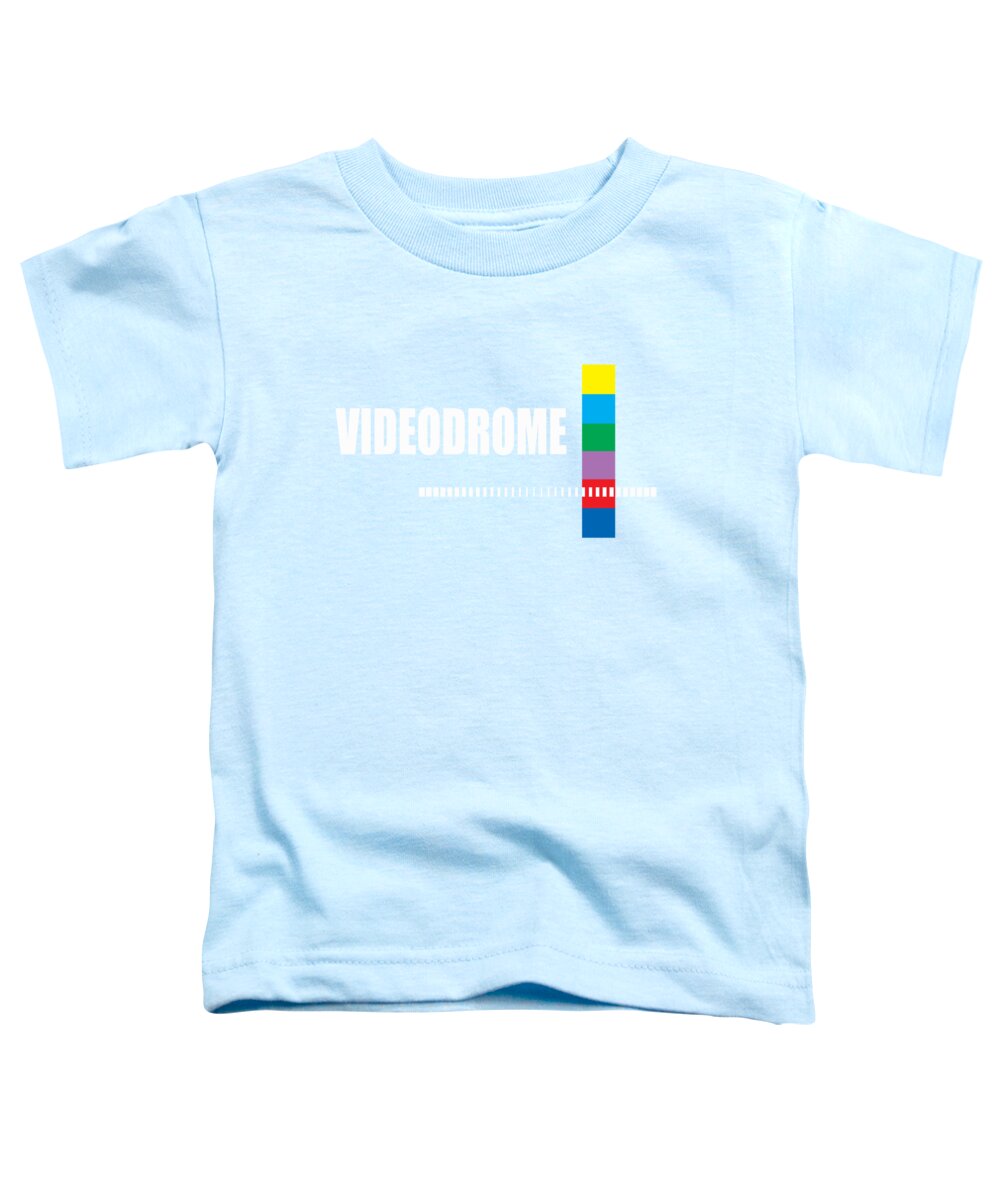 Toddler T-shirt in pale blue with Videodrome logo and multicolor block cross graphic.