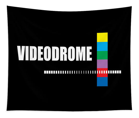 Videodrome tapestry on black fabric with VIDEODROME text and vertical color bars