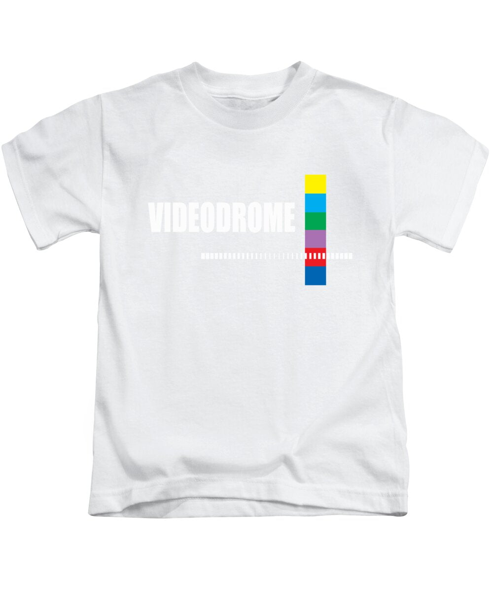 Kids graphic t-shirt in white with 'VIDEODROME' logo and vertical color bars