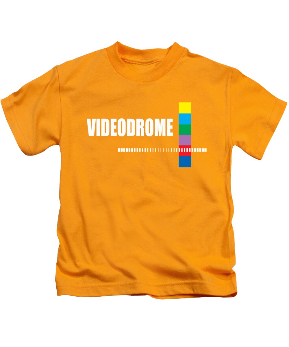 Kids orange T-shirt with “VIDEODROME” text and multicolor barcode-style graphic