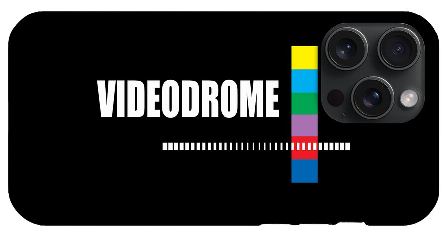 Phone case with “VIDEODROME” text, multicolor stripe, and quad camera cutout