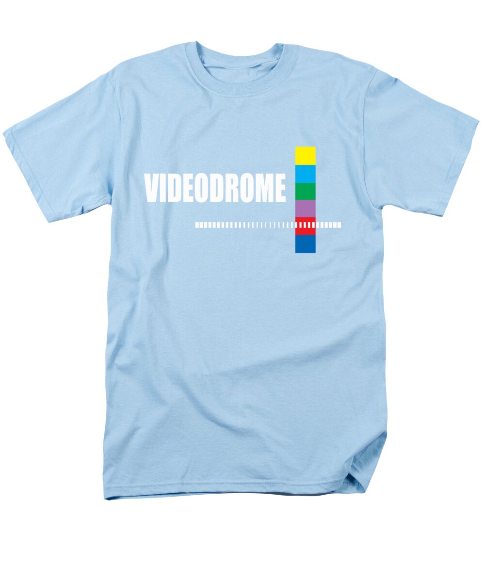 Men's light blue T-shirt with front Videodrome graphic and multicolor bar emblem