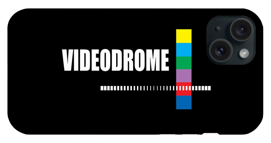 Phone case with “VIDEODROME” text, multicolor stripe, and triple camera cutout