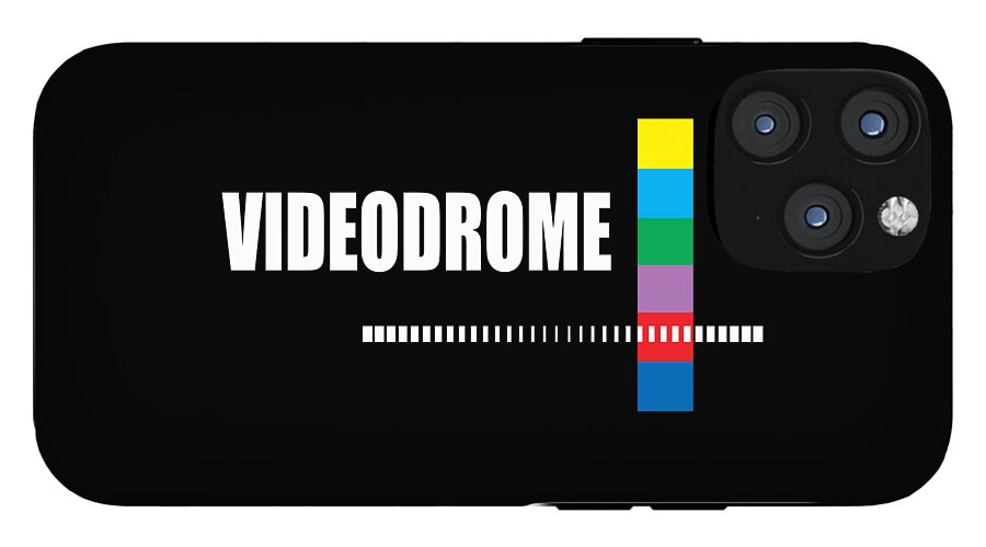 Black phone case with VIDEODROME text, dotted stripe line, and multicolor vertical bar; quad camera cutout.