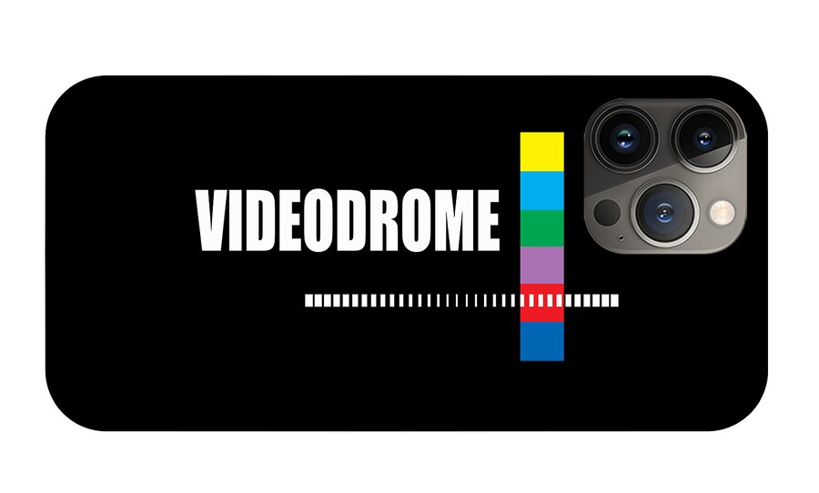 Black phone case with VIDEODROME text, barcode line, and colorful vertical bar; triple camera cutouts.